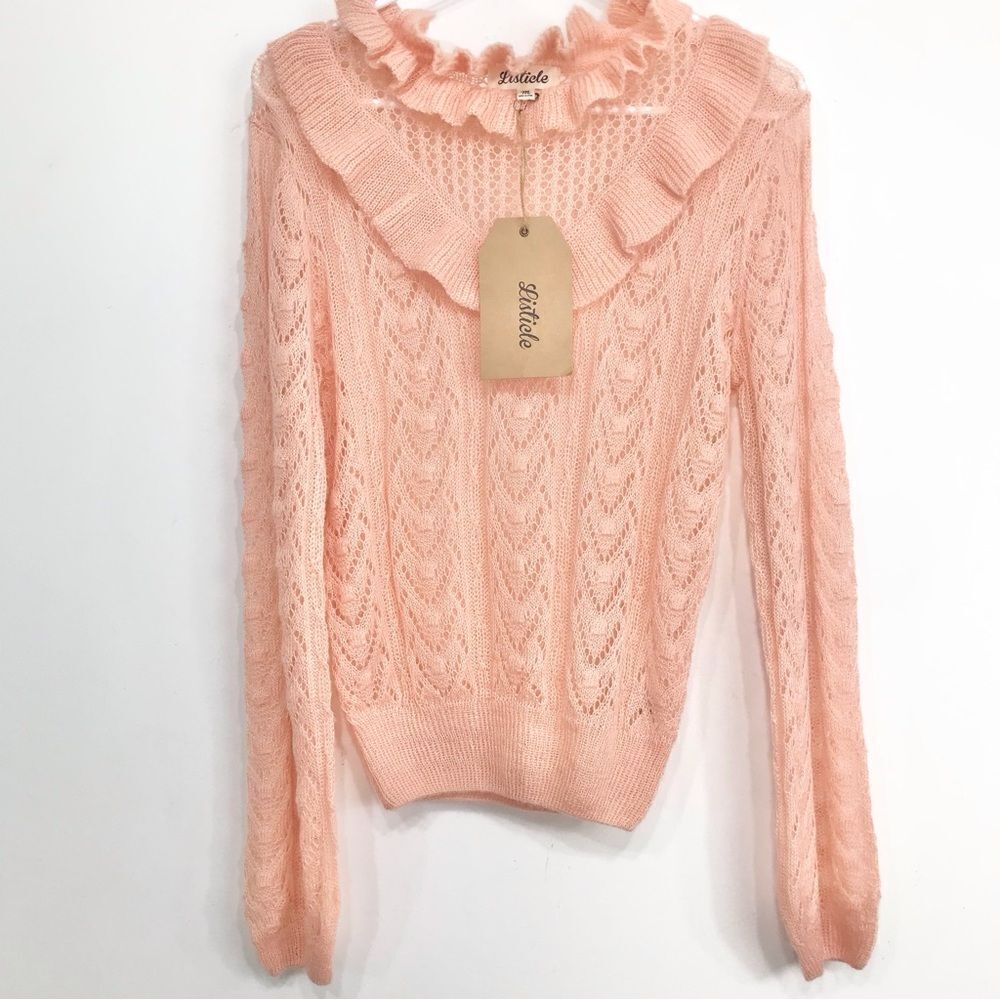 Listicle Pale Pink Ruffle Yoke Feminine Romantic Open Knit Pullover Sweater NEW